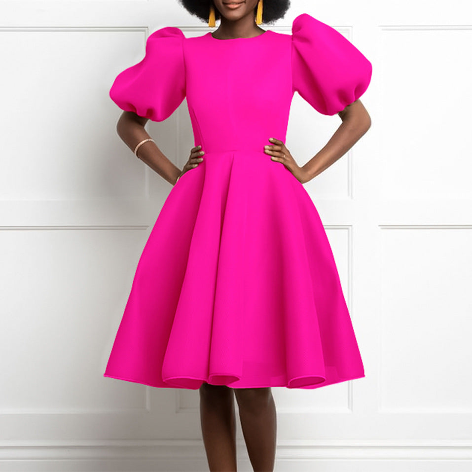 women's summer  round neck fashionable elegant bubble sleeve cinched waist a-line midi dress - western style