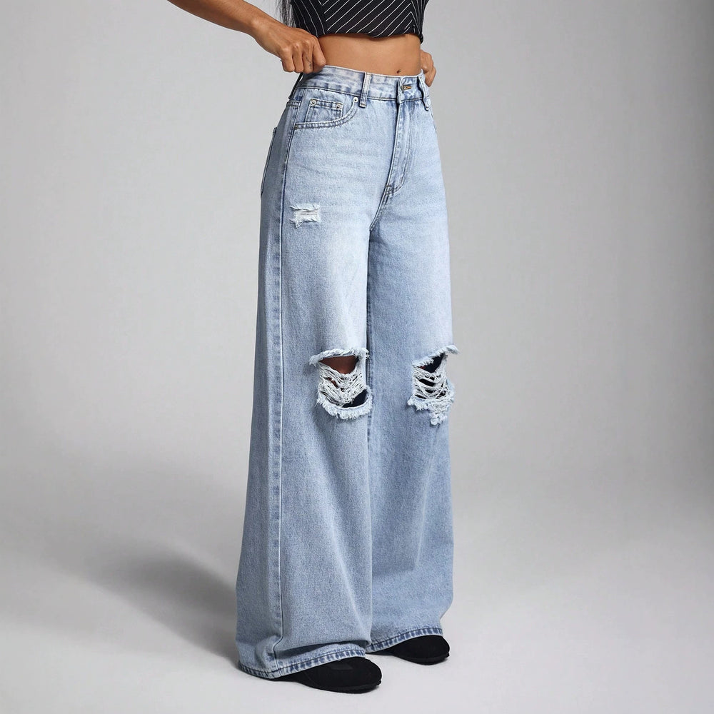 European and american style women's high-waisted distressed wide-leg jeans - american trendy frayed hem, ripped and distressed, slimming women's jeans