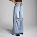 European and american style women's high-waisted distressed wide-leg jeans - american trendy frayed hem, ripped and distressed, slimming women's jeans