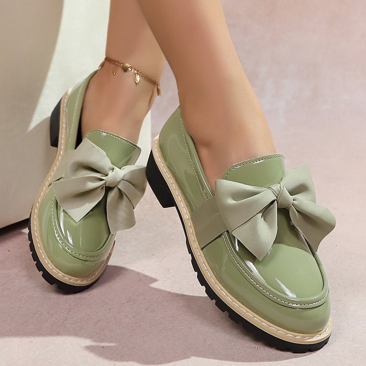 bow loafers for women  foreign trade thick sole medium heel british style retro small leather shoes for women size difference 0.5