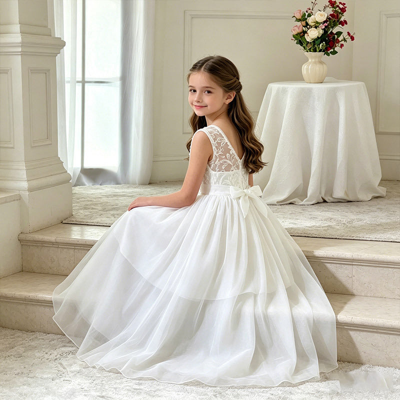 export girls' european and american style white wedding dress lace patchwork long dress chiffon summer holiday vacation dress