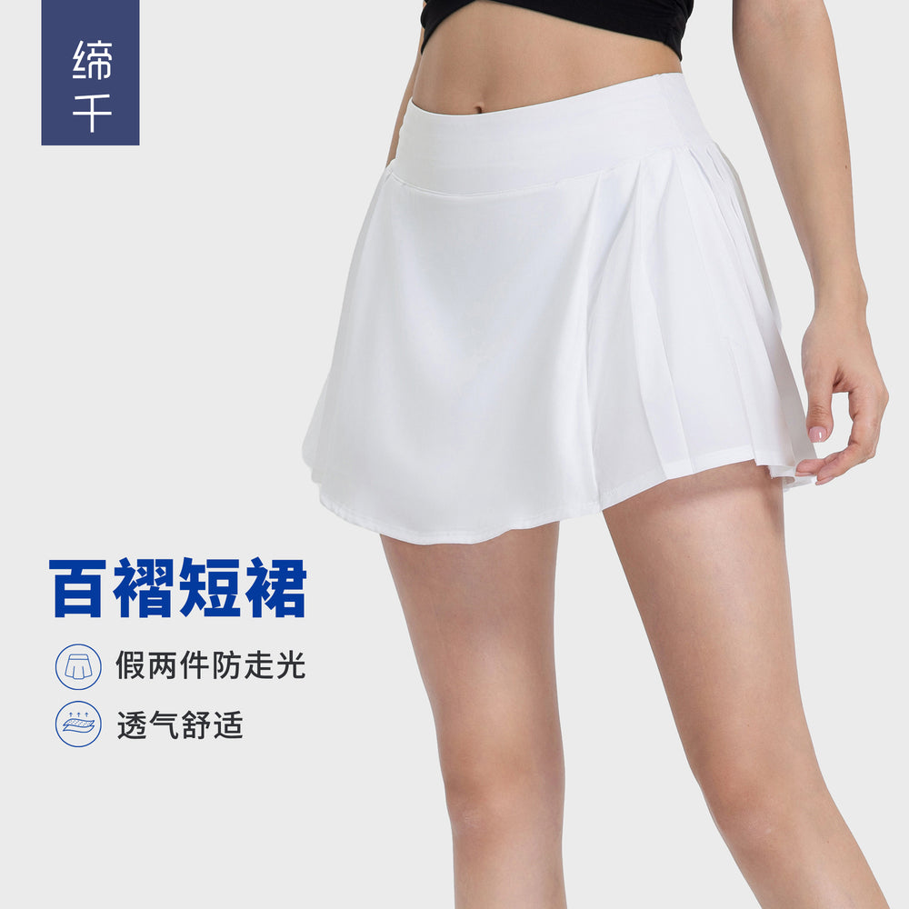 Luxtrenew arrivalpleated leg length yoga shorts skirt for women fake two-piece fashion tape tennis sports skirt dss064