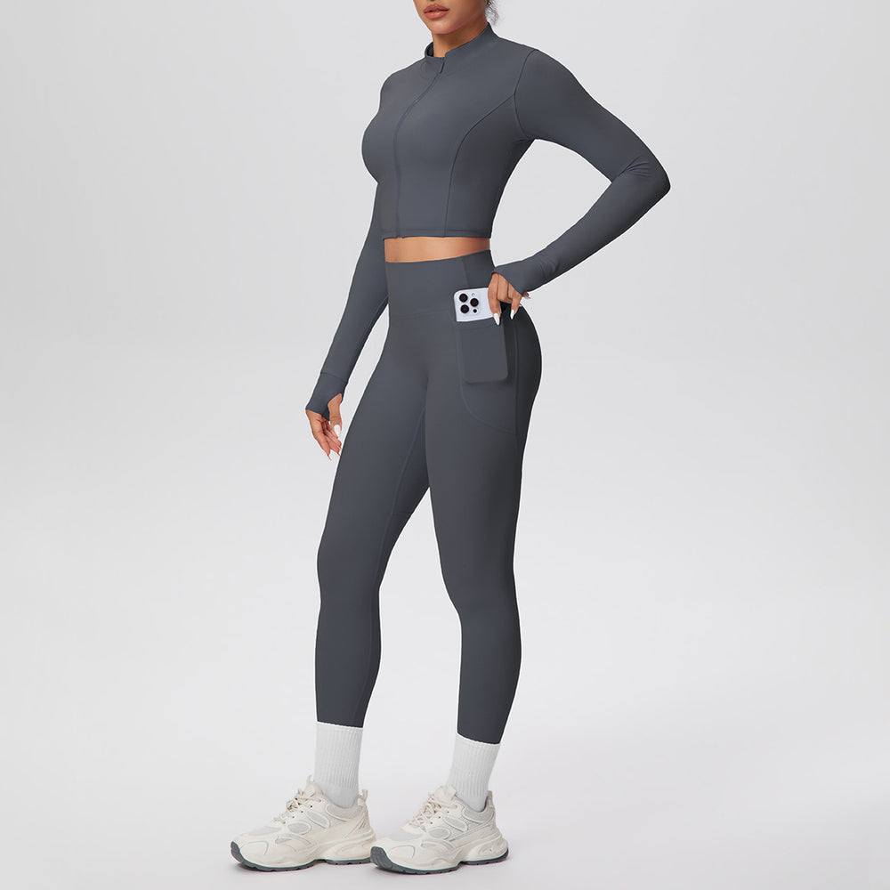 Ready-to-ship cross-border solid color brushed micro-fleece short jacket & leggings set - tight fit, pocketed, perfect for running, fitness, and yoga
