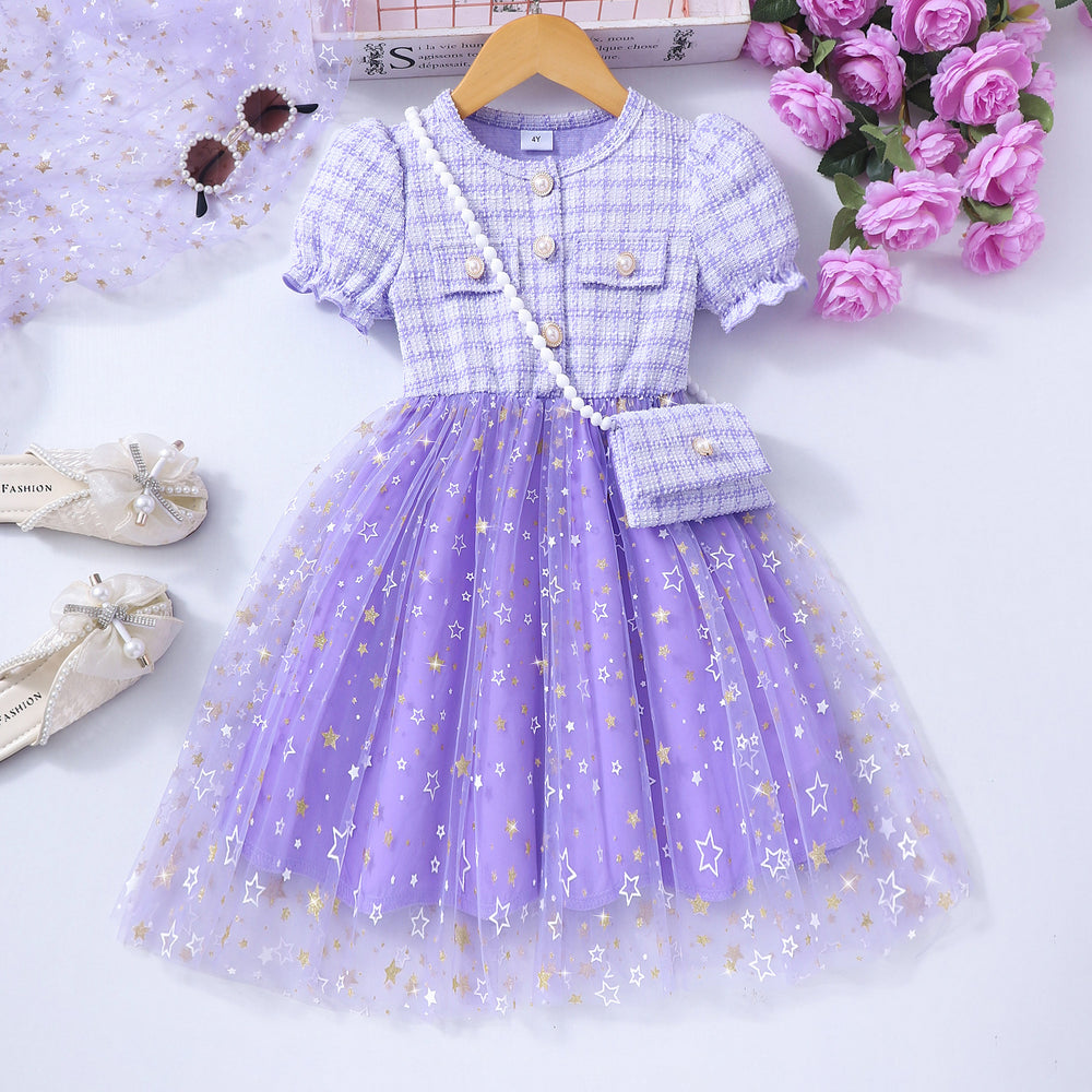 Girls' (toddler) dress, short-sleeve sweetheart star mesh dress with matching mini bag