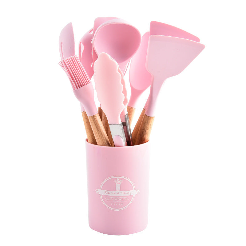 Cross-border twelve-piece set of colored wooden handle silicone kitchenware set to store food-grade high temperature resistant spatula spoons in stock