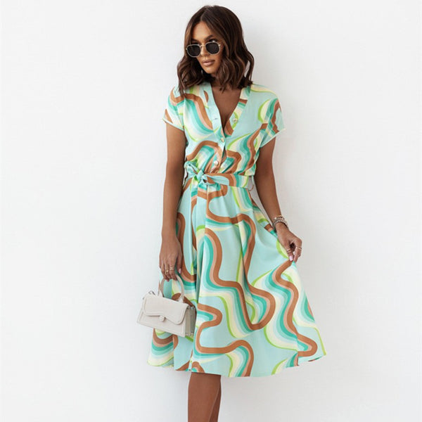 Summer new  women's  Europe and America  hot sale printed short-sleeved dress V-neck belt women's dress