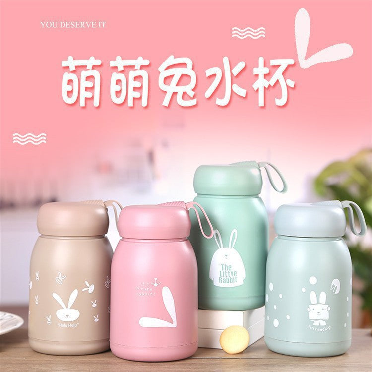 Cute rabbit glass water cup with lifting rope double-layer advertising cup event promotion draining gift cup printed logo tea cup