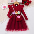 Girls' (toddler & little kid) dress, featuring 3d floral appliqués, ribbed knit paneling, mesh long sleeves, and includes a matching crossbody bag