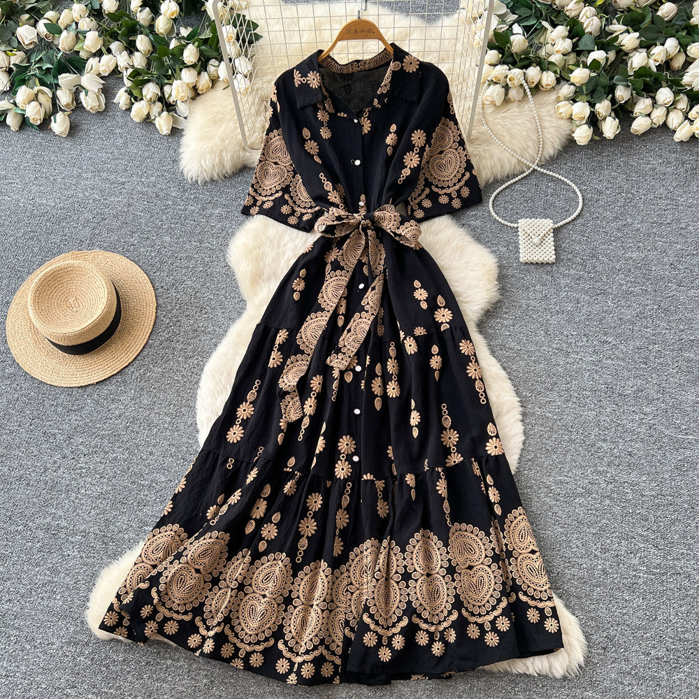 Korean style red printed embroidered dress - women's summer retro high-waisted tie-waist elegant a-line dress - commute outfit
