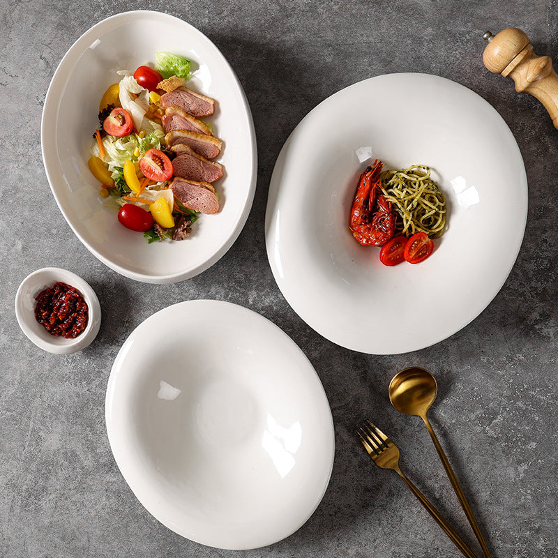 Scandinaviancasual style pure white ceramic salad bowl for home cold dish western food plate hotel business ceramic dessert pasta bowl