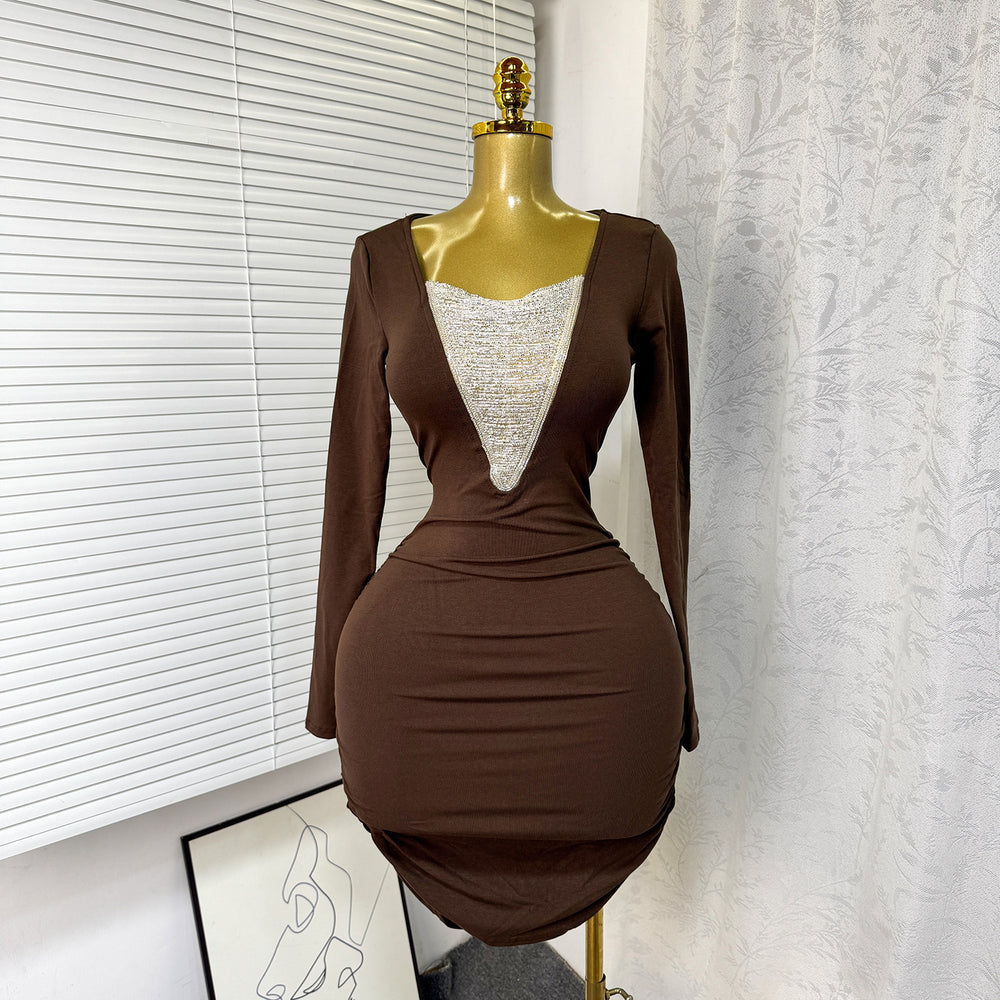 Fashion cross-border spring & fallv neck chain beaded long sleeves elastic silmdresssexy hip-covering short skirt for women dress