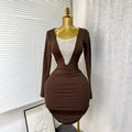Fashion cross-border spring & fallv neck chain beaded long sleeves elastic silmdresssexy hip-covering short skirt for women dress