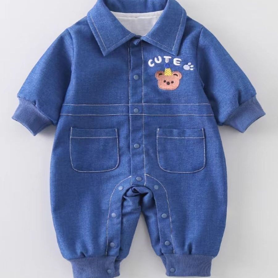 K-style khaki men's and women's baby denim baby jumpsuit rompers, long sleeves, spring & fall, cute clothes, trendy