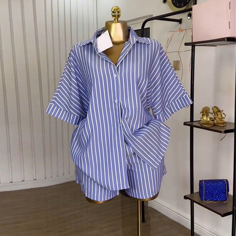 European and american cross-border women's fashion:  summer new collection - stylish blue and white striped loose-fit shirt and high-waisted wide-leg shorts set