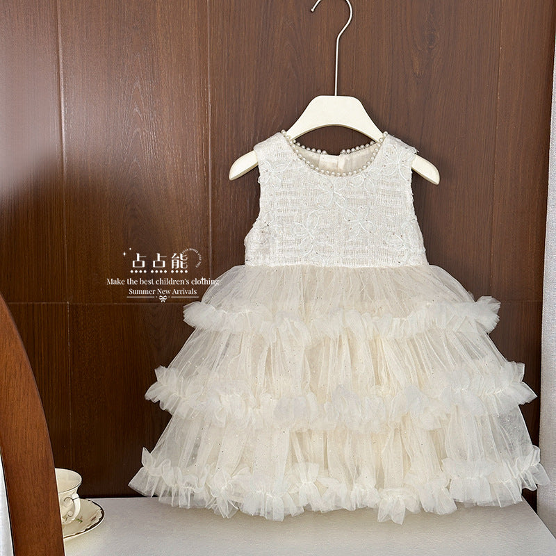 summer new girls' fashion floral embroidered sleeveless puffy soft tulle skirt chic and stylish dress princess dress