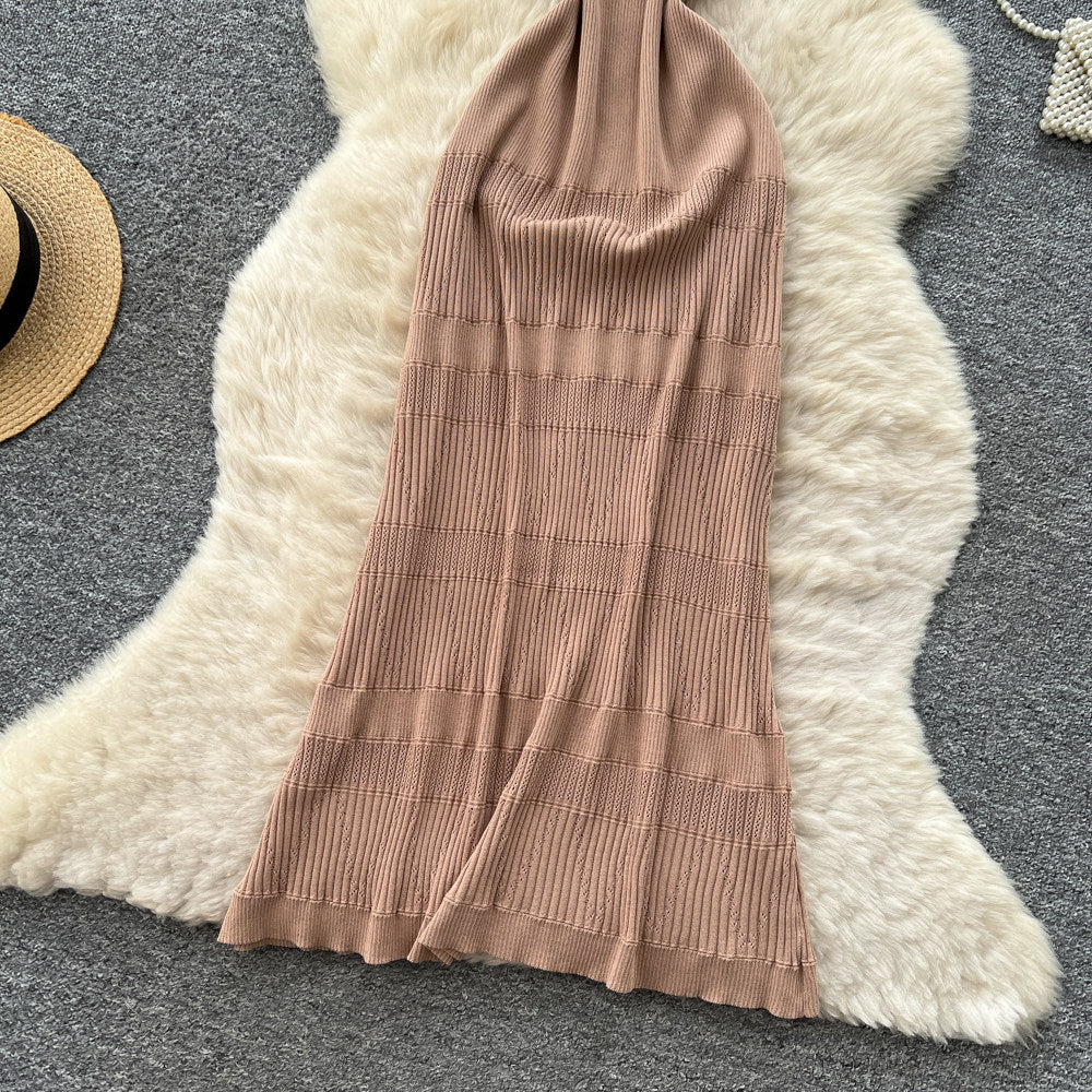 Qianjin wind sleeveless knitting silmdress women's summer k-style cut out breathablehigh waistslimming lookelegant long skirt