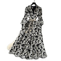 French chic elegant women's dress -  autumn fashion tie-waist v-neck long dress with intricate embroidery