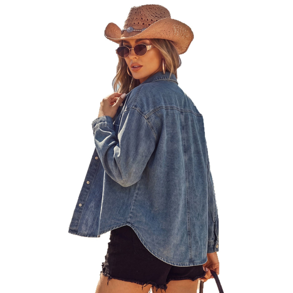 Fashion cross-border foreign trade  lapel long sleeves single breasted double side large patch pockets street washed denim outwear women