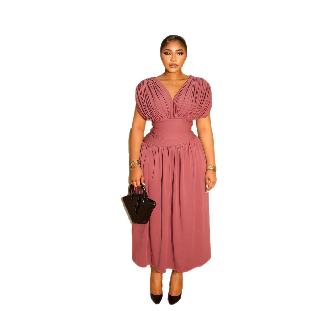 European and american cross-border women's fashion:  autumn new arrival - solid color v-neck ruched flutter sleeve cinched waist long elegant dress