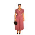 European and american cross-border women's fashion:  autumn new arrival - solid color v-neck ruched flutter sleeve cinched waist long elegant dress