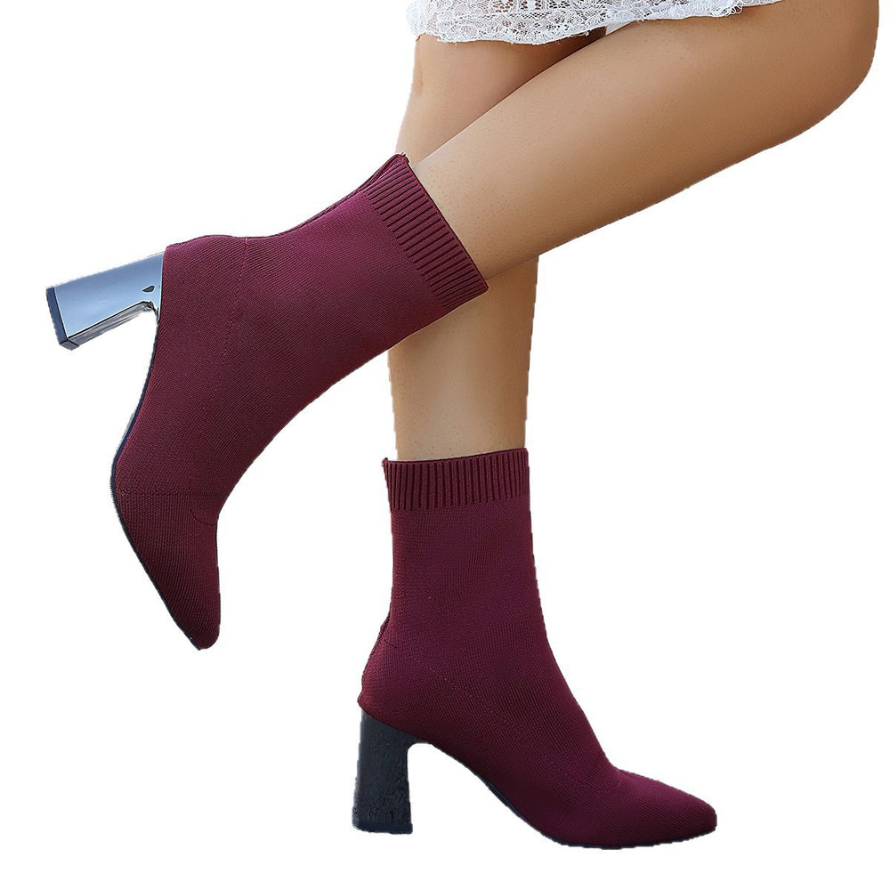 Plus sizeslimming look flying woven high-heeled fashion boots for women cross-border autumnew arrival pointed thick heel short socks boots 43
