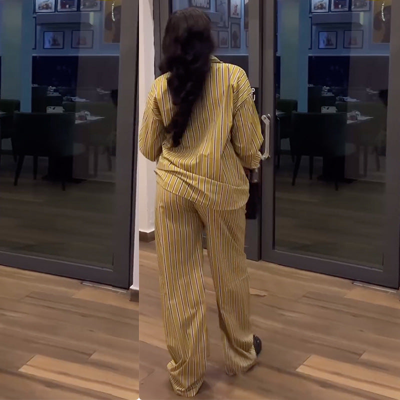 European and american cross-border women's fashion:  autumn new collection - stylish yellow striped long-sleeve shirt and wide-leg pants casual set