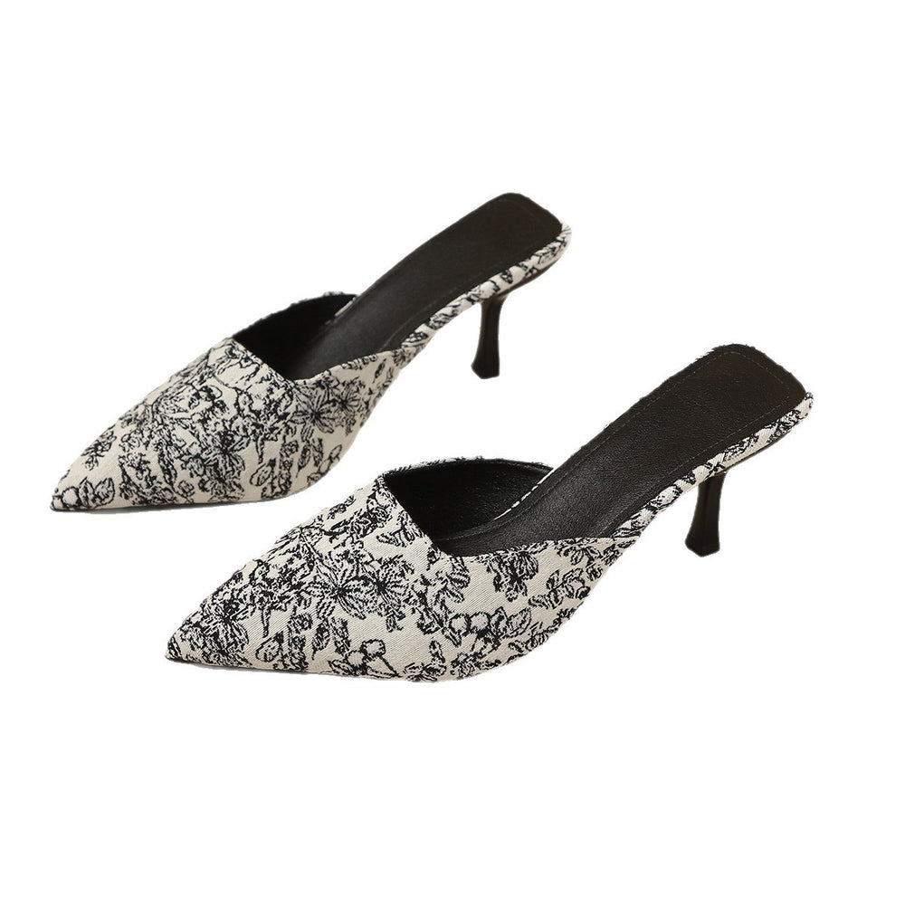 Summer pointed toe new chinoiserie cross-border high-heeled slippers 2026new arrival thin heel plus sizeprinting toe-cap half slippers for women