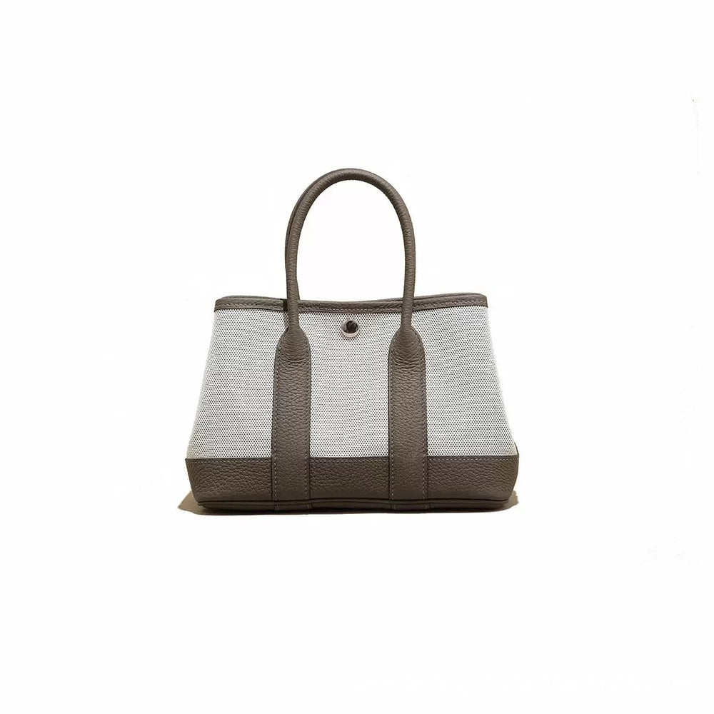 Top-grain leather niche styleclassy women's genuine leather satchel bag large capacity canvas contrast color garden tote bag