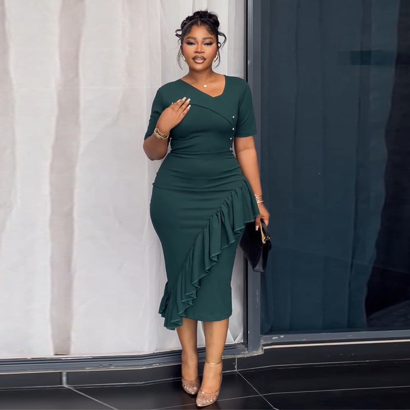 European and american women's clothing  autumn new collection: sweet and fresh asymmetrical neckline short sleeve high-waisted ruffle hem bodycon midi dress