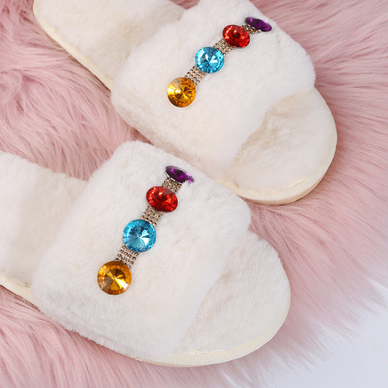 Fuzzy slippers - autumn/winter rhinestone 2024 new collection - open toe, wearable outdoors, cute and girly, cotton slippers, flat heel, comfortable slides