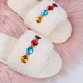 Fuzzy slippers - autumn/winter rhinestone 2024 new collection - open toe, wearable outdoors, cute and girly, cotton slippers, flat heel, comfortable slides