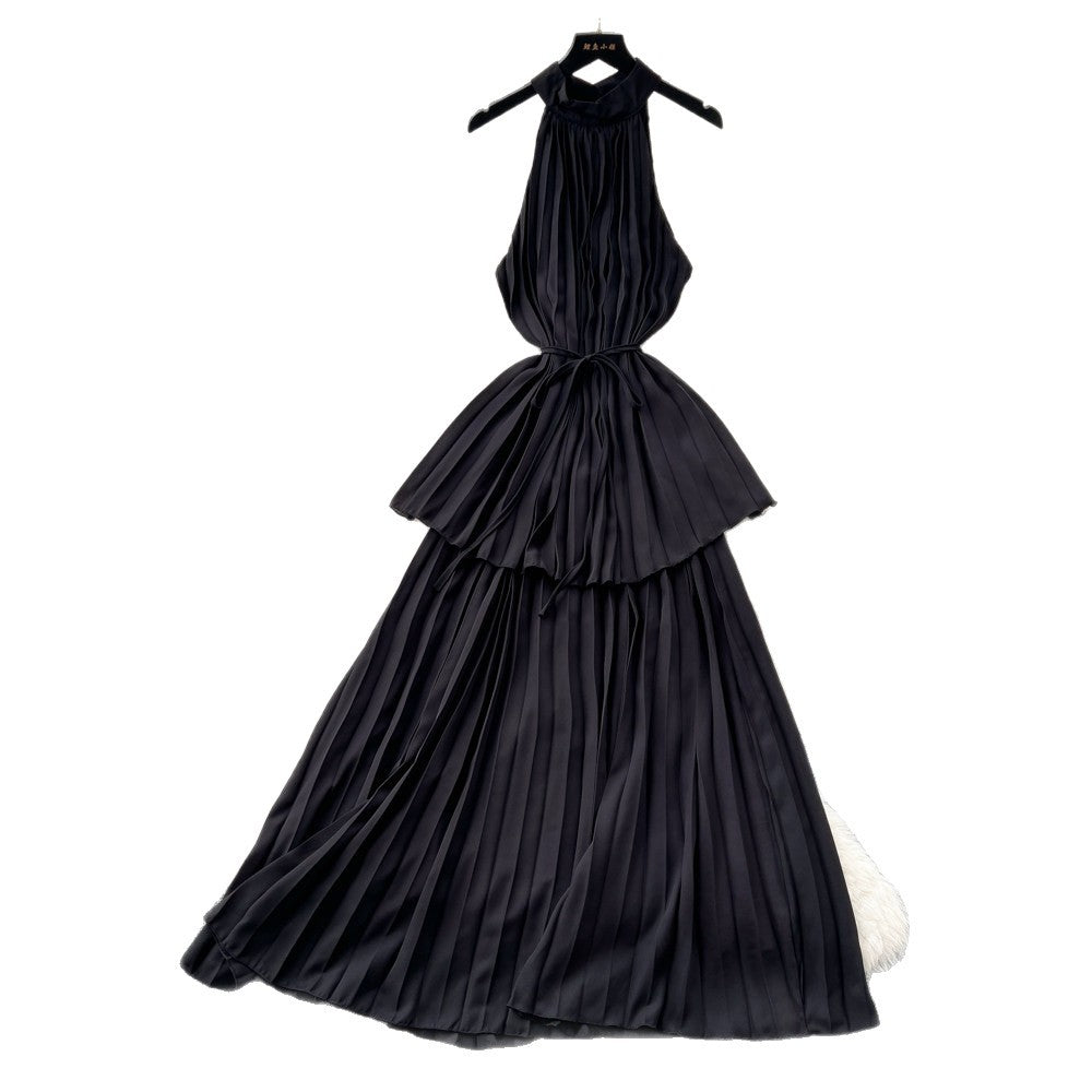 Pure desire style red halter strap pleated dress women's summer k-style waist slimming look cake skirt vacation style long skirt