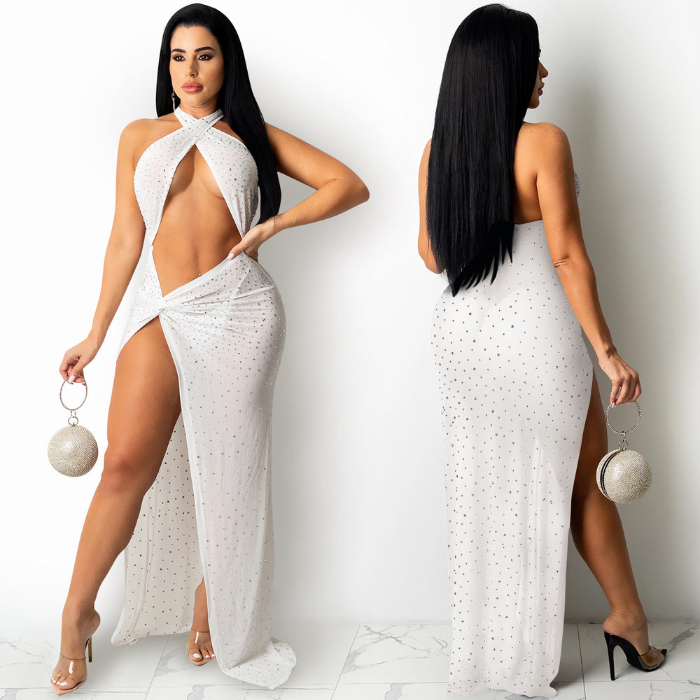 X5326 cross-border fashion new product nightclub sexy hot diamond inlaid diamond mesh see-through women's chest-wrapped slit dress