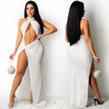 X5326 cross-border fashion new product nightclub sexy hot diamond inlaid diamond mesh see-through women's chest-wrapped slit dress