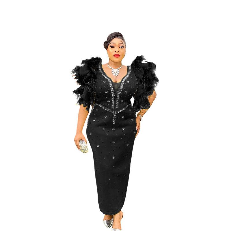 African women's mesh bodycon dress with rhinestone embellishments, elegant v-neck, long skirt, short sleeves - cross-border fashion wholesale