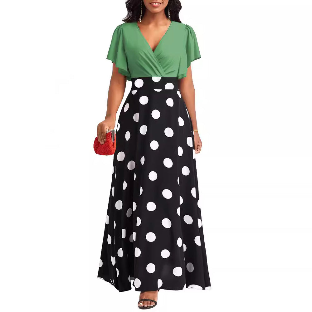 new european and american fashion women's dress - elegant polka dot print, flattering ruffle sleeves, flowy maxi dress