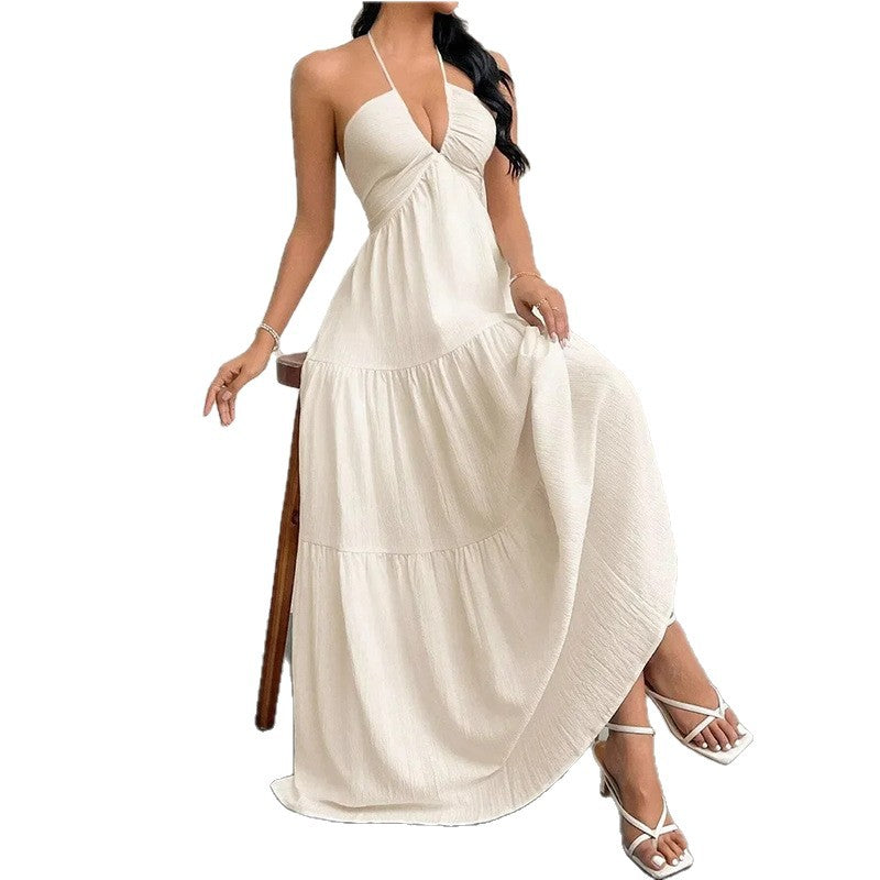european and american export women's clothing: new summer sexy halter deep v backless tie-up vacation style maxi dress