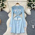 Xiaoxiangfengclassyfashionablecontrast color round neck long sleeves waist knittingdress women's slimming lookelegant a-line skirt women