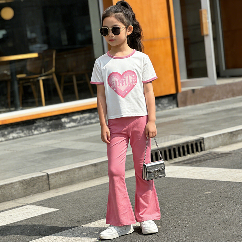 new girls' heart print short sleeve two-piece set - stylish and versatile middle school flare pant girl's outfit - chic and trendy