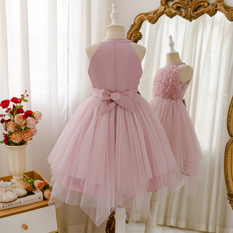 Girls' sleeveless halter dress with appliqué mesh overlay - sweet princess style for kids - perfect for export
