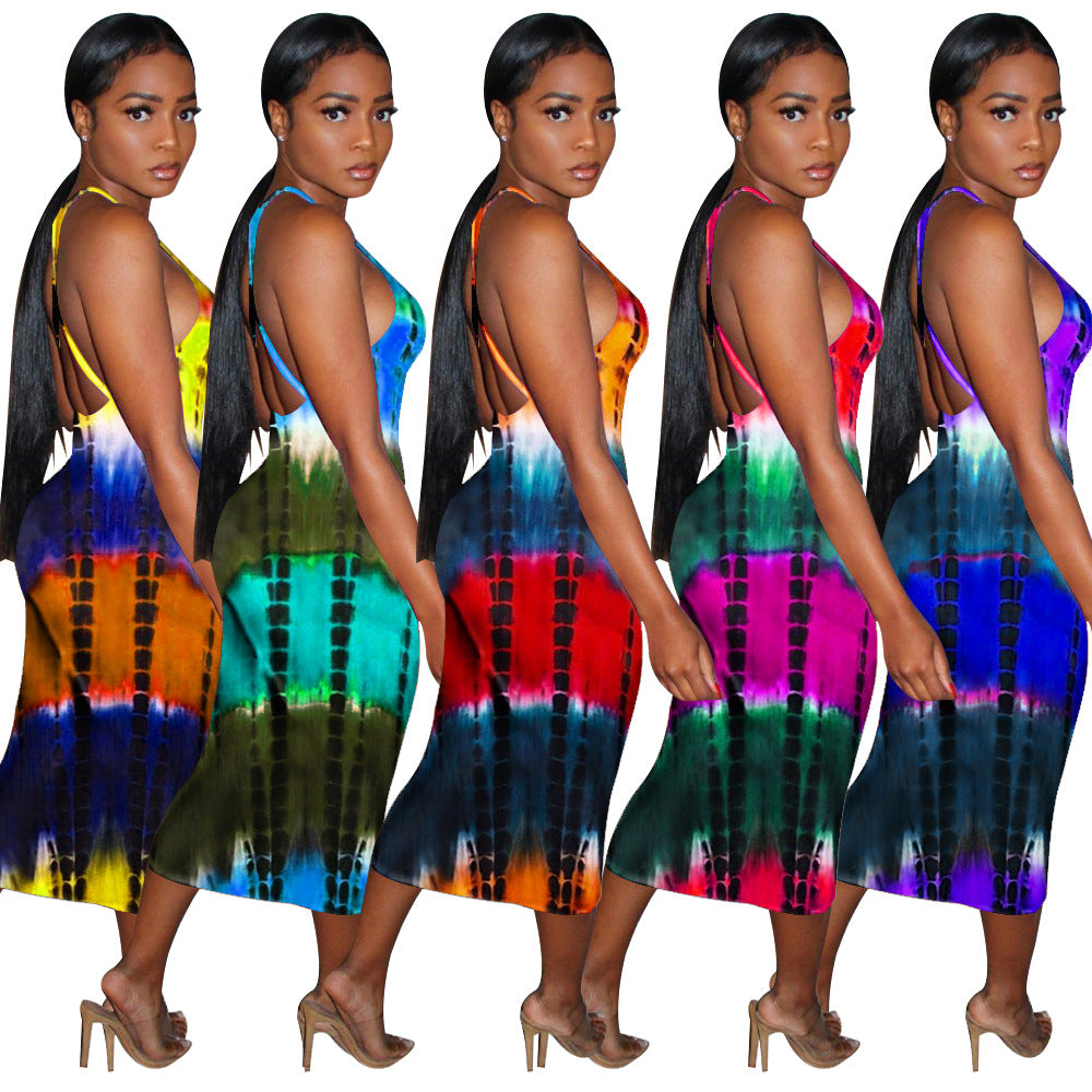 S390126 Cross-border European and American women's clothing hollow sexy suspender printed dress fashion temperament step skirt women