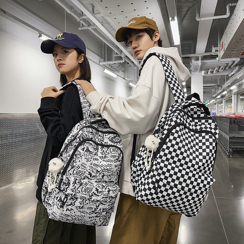 Niche style american graffiti junior high school and college students large capacity backpack stylish checkerboard grids high school student backpack