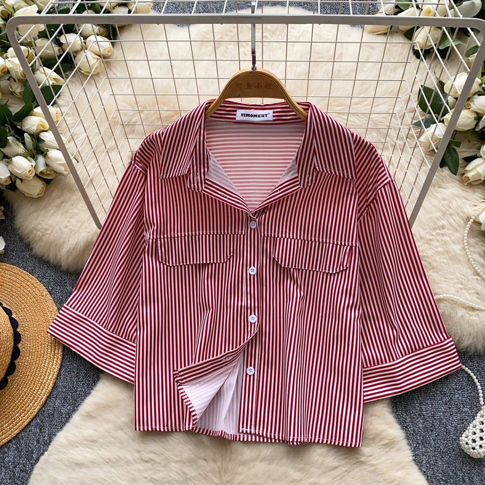 Korean style commute chic red and white striped breathable & skin-friendly shirt - women's summer short sleeve loose fit cardigan casual top