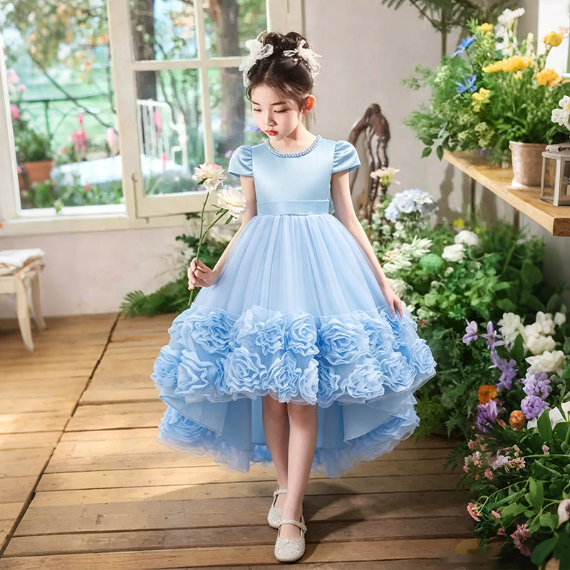 Girls' gowns with train, flower girl dresses, children's floral tutu dresses, princess dresses, baby girl's first birthday gowns