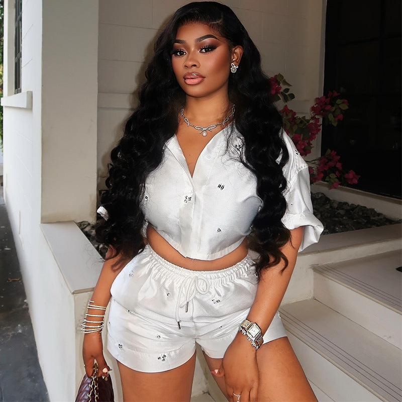 European and american cross-border women's fashion:  autumn new collection - diamond-accented short-sleeve shirt and tie-waist wide-leg shorts casual set