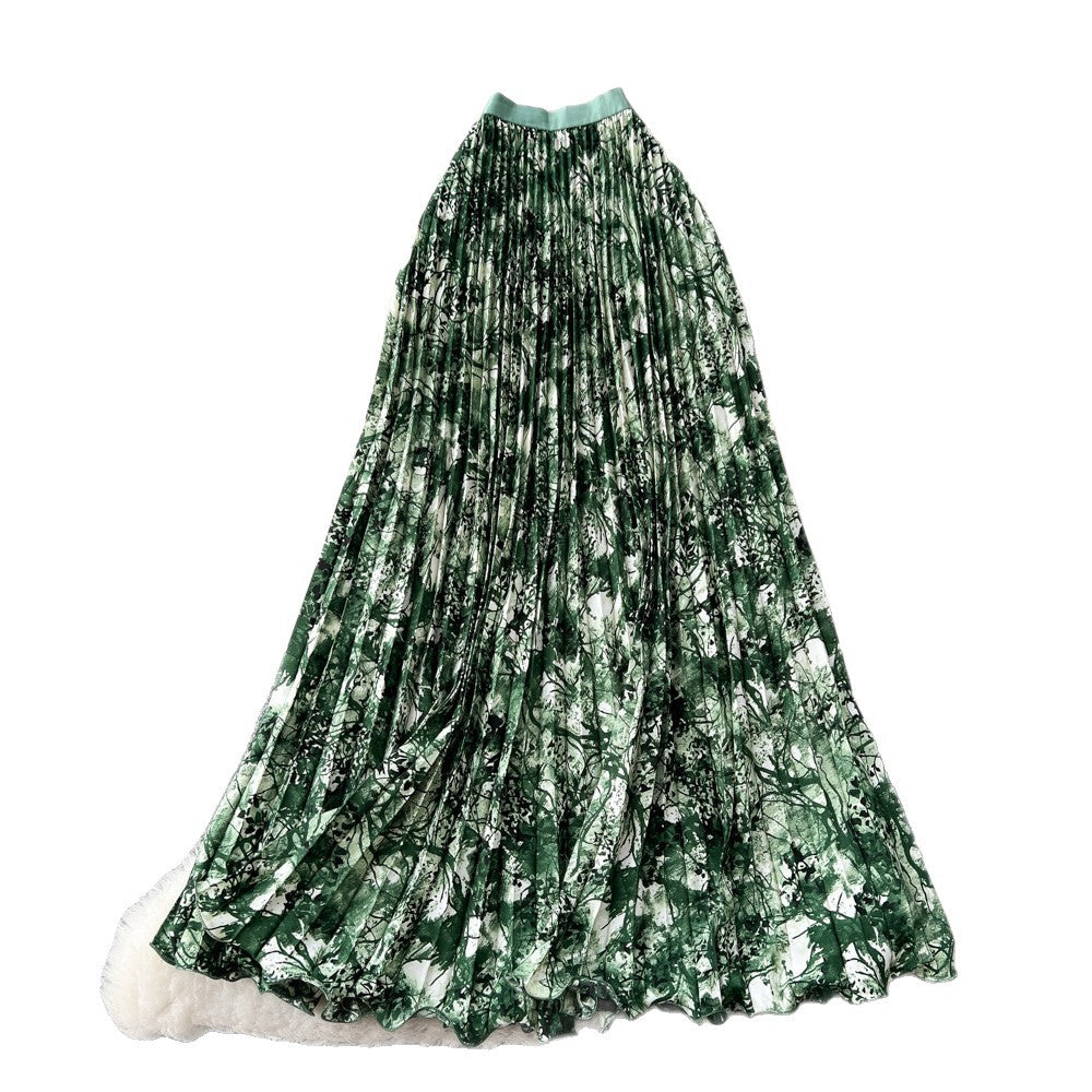 K-stylesense of designprintinga-line texture skirt women's high waistslimming lookpleated medium longeasiest for matchwork clothing skirt