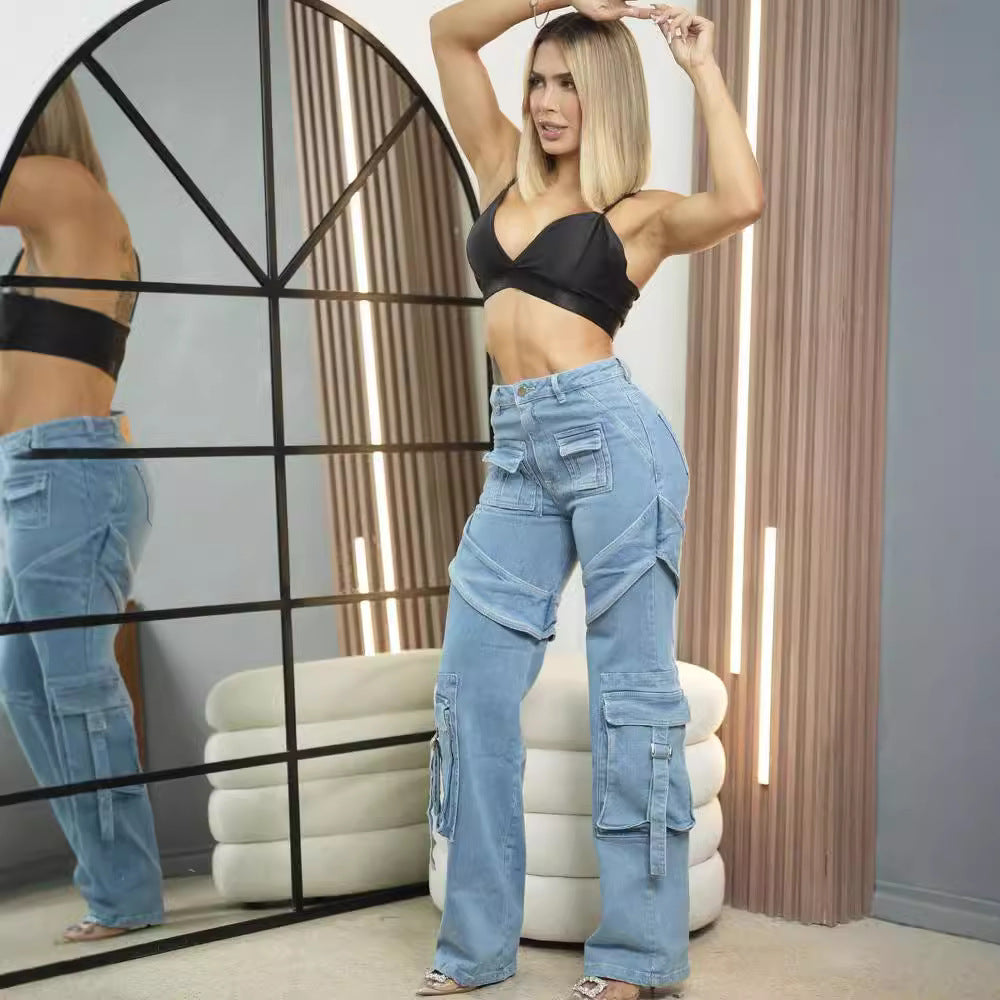 European and american style denim jeans -  cross-border women's fashion streetwear multi-pocket casual cargo pants