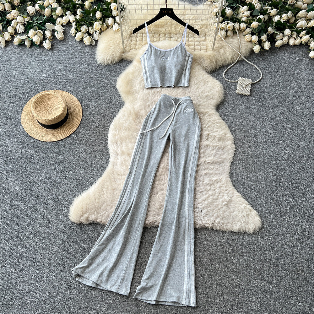 Spicy girl style red camisole two-piece set: double-stripe high-waisted flare pants - trendy summer outfit for women