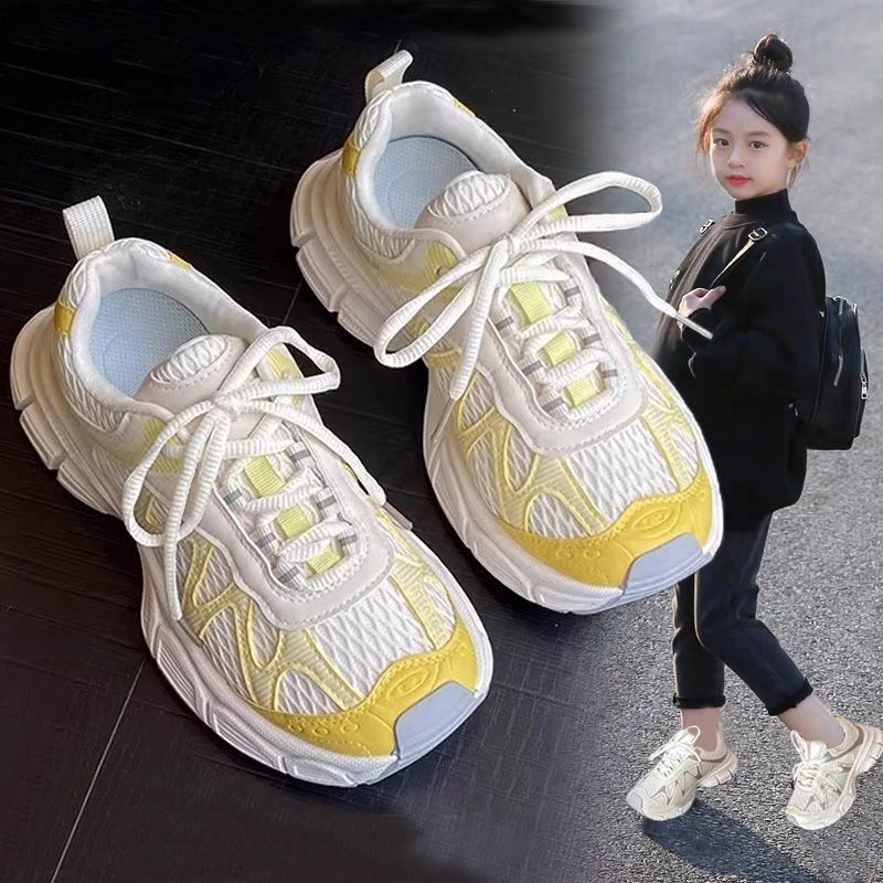 Girls' shoes: new  spring/autumn collection - breathable kids' sneakers, versatile white shoes for girls (sizes for mid-to-large children), and trendy chunky sneakers