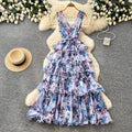French floral sweet princess style dress - women's summer v-neck sleeveless high-waisted a-line maxi dress - commute chic